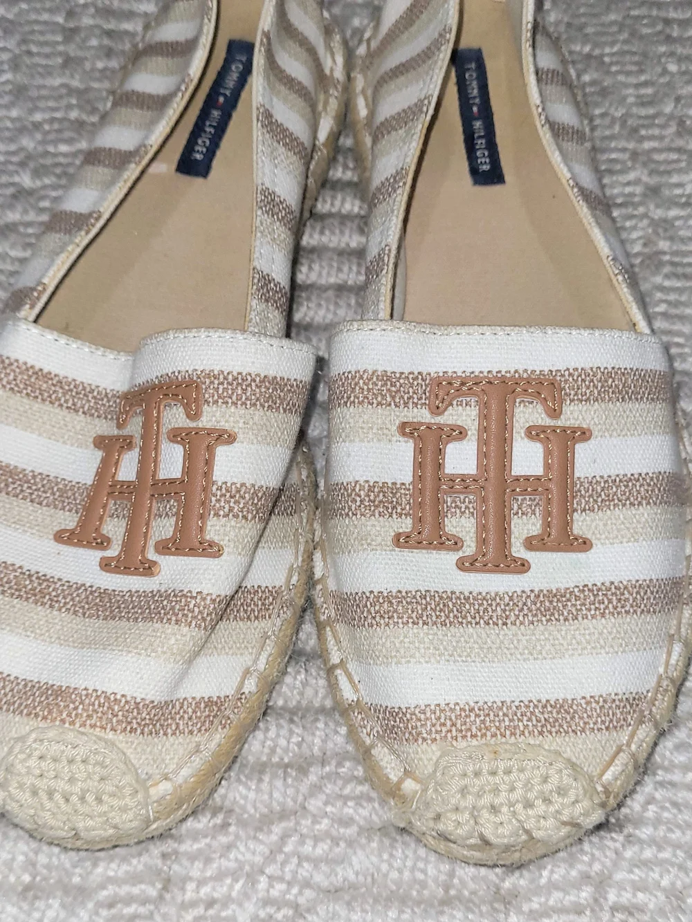 Tommy Hilfiger Striped Canvas Espadrille Flats Brown Tan Sz 8